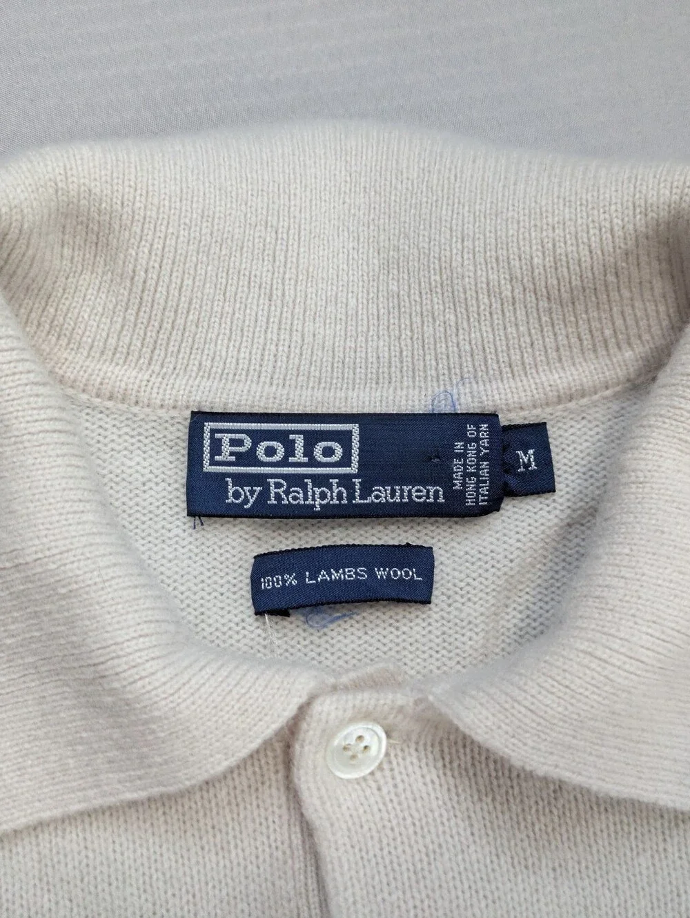 Vintage Polo Ralph Lauren 100% Lambswool  Collared Button Polo Sz M Cream Ivory